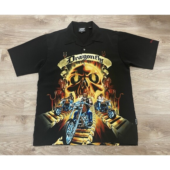 Dragonfly Clothing Biker Skull Shirt Men’s Large AOP Motorcycle Button Up VTG - Picture 1 of 10